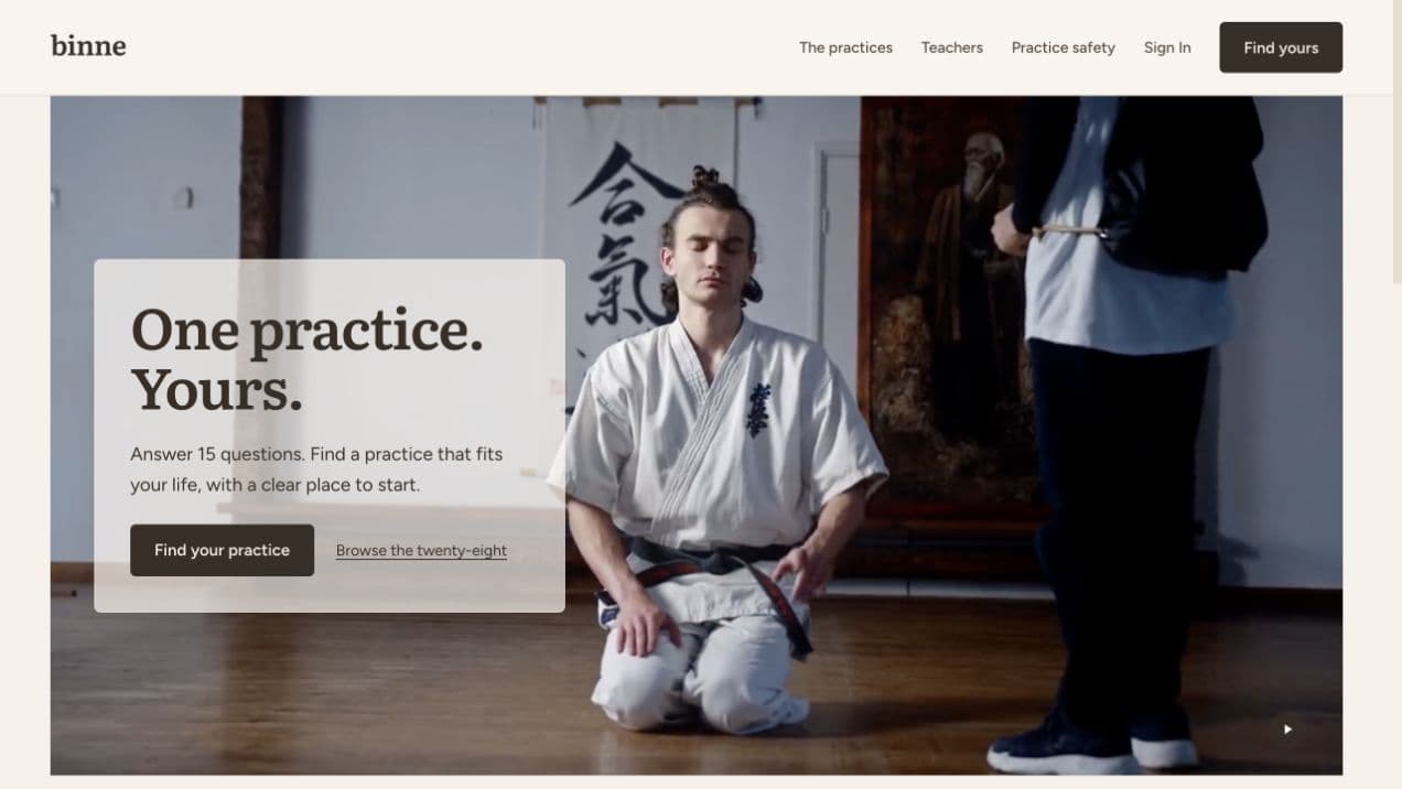 Binne homepage with a practice film behind a paper panel reading "One practice. Yours."
