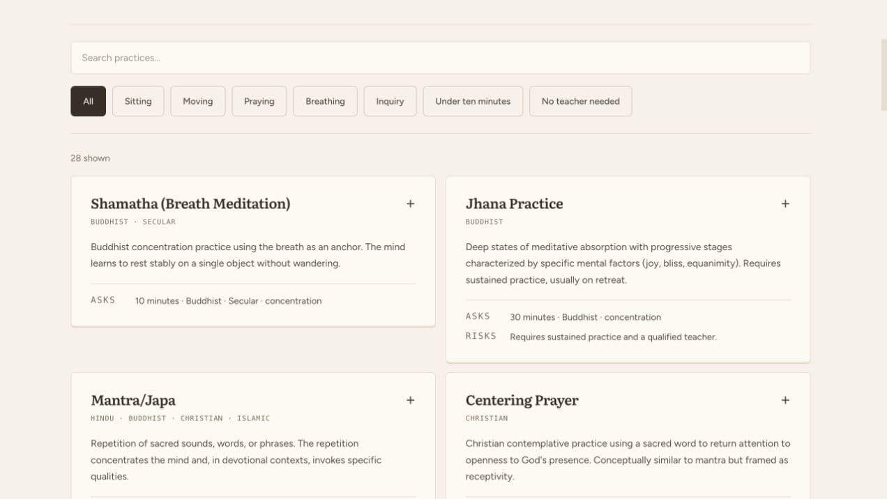 Binne’s searchable practice library with activity filters and cards describing each practice and its cautions.