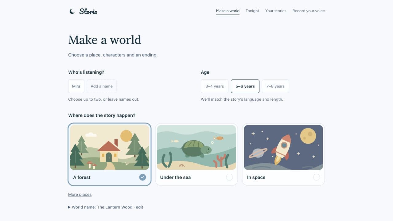 Make a world: age five to six selected, with illustrated forest, underwater and space choices.