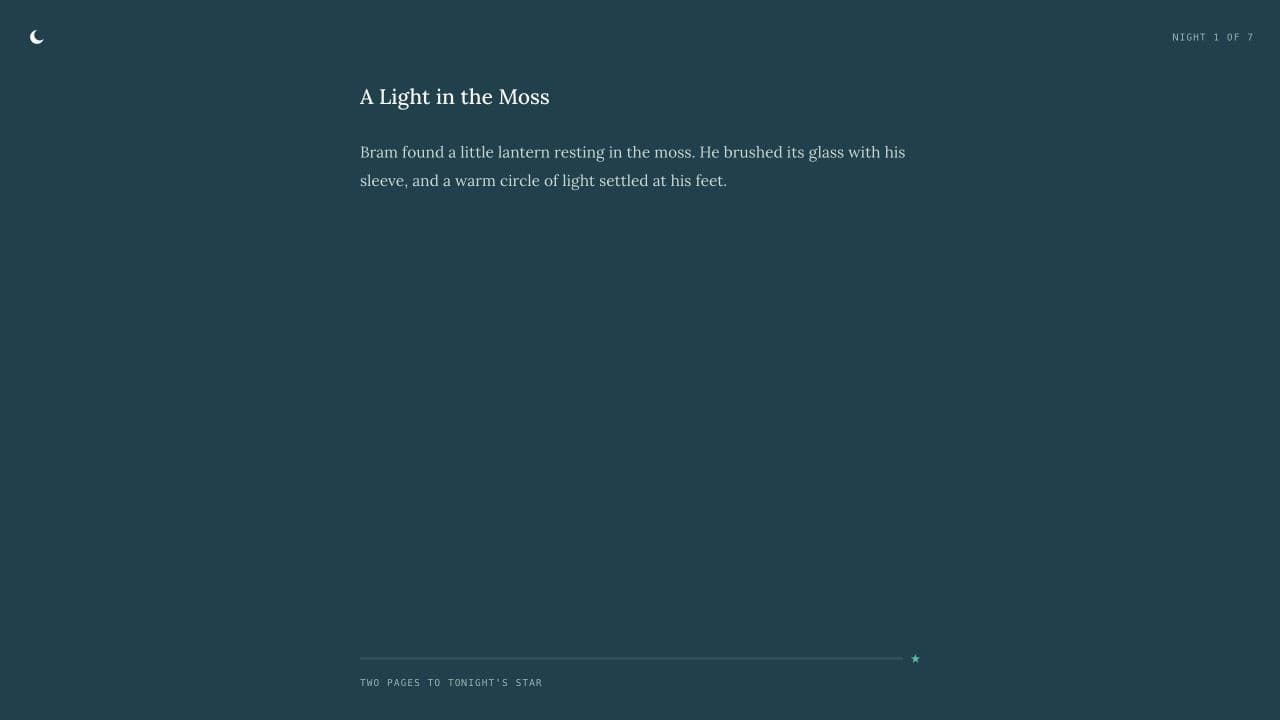 The first page of the sample story A Light in the Moss, shown in Storie’s night reader.