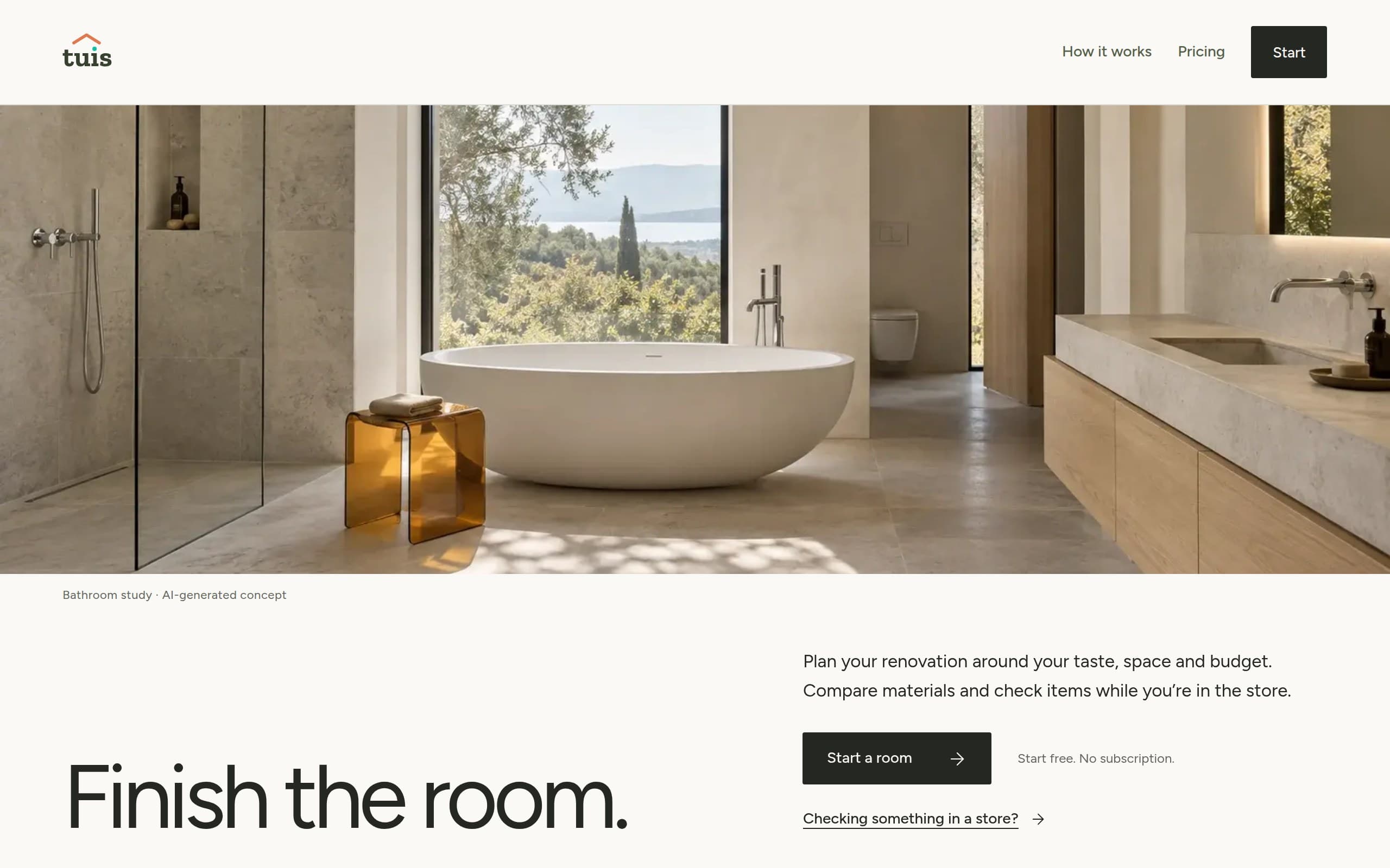 The tuis.ai homepage by day: an AI-generated bathroom concept in daylight, a freestanding bath before a window onto olive trees, above “Finish the room.”